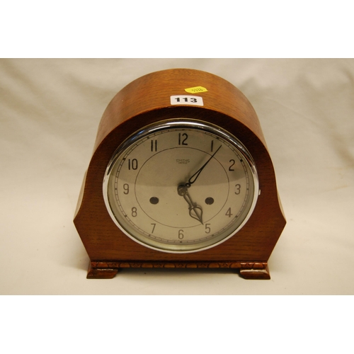 113 - ART DECO SMITHS OAK CASED DOME TOP MANTLE CLOCK