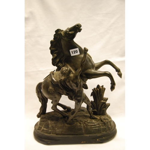 120 - EARLY 20TH CENTURY BRONZED SPELTER MARLEY HORSE WITH ATTENDANT