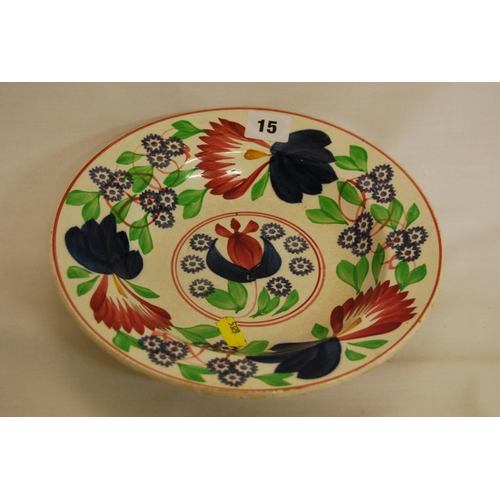 15 - SPONGEWARE PLATE HAND PAINTED TULIPS, PATTERN BY NORMAN W FRANKS, LONDON c1910