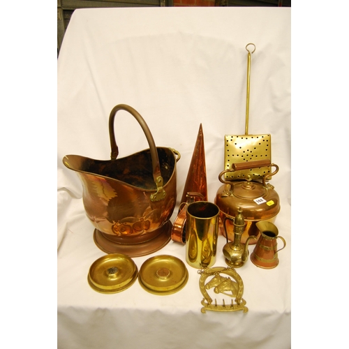 162 - COPPER KETTLE, COAL HELMET, BEER MULE, CHESTNUT ROASTER, SHELL CASE AND COASTERS