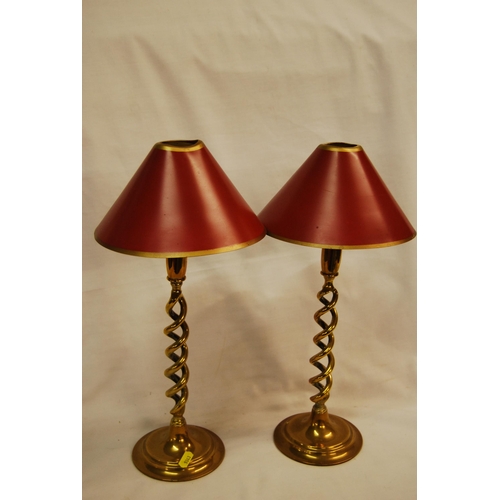 181 - PAIR OF BRASS OPEN TWIST CANDLESTICKS WITH SHADES (30cm)