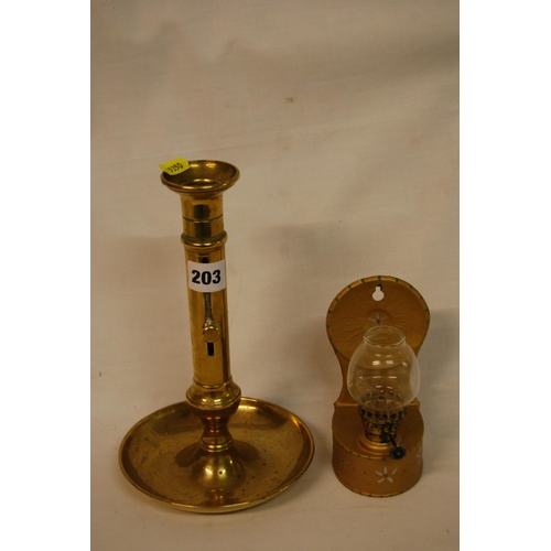 203 - 19TH CENTURY BRASS CHAMBERSTICK WITH PUSHER ROD & METAL WALL OIL LAMP