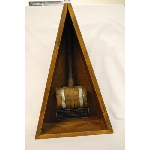 214 - PINE PYRAMID CONTAINING A WOODEN MALLET CYCLING TROPHY WITH INSCRIPTION