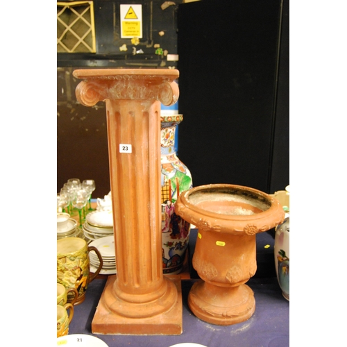 23 - VINTAGE TERRACOTTA URN ON CORINTHIAN FLUTED COLUMN & SQUARE BASE