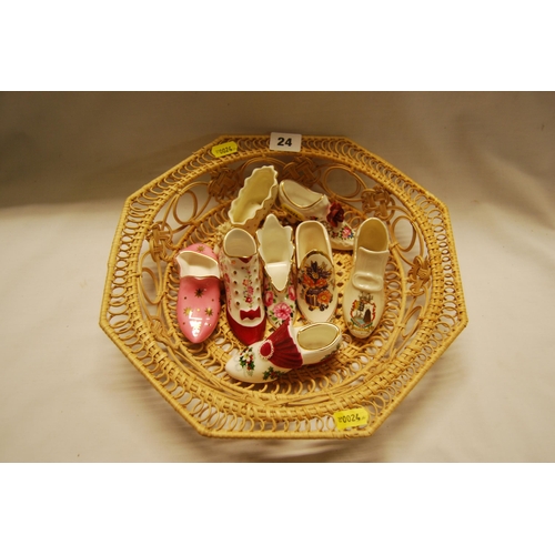 24 - 8 VARIOUS BONE CHINA SHOES IN OCTAGONAL CANE WORK BASKET