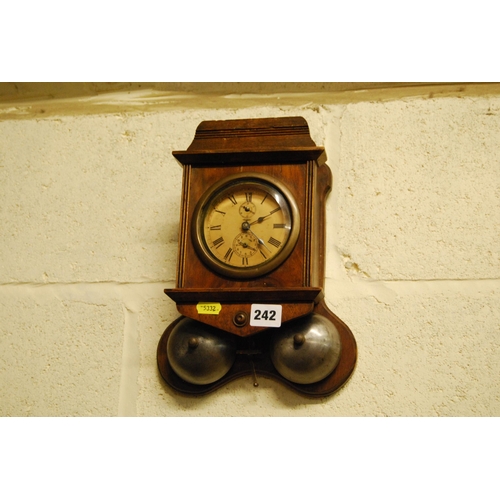 242 - VINTAGE OAK CASED ALARM WALL CLOCK WORKING ON 2 BELLS