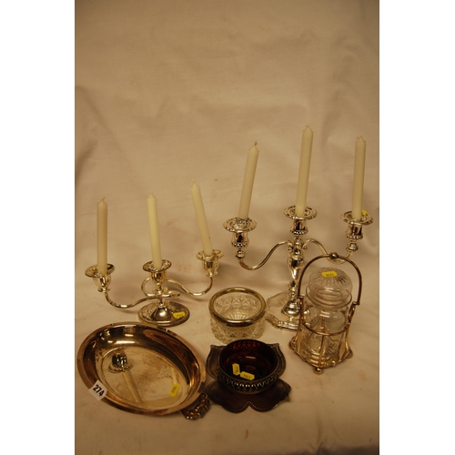 274 - 2 SILVER PLATED CANDELABRA, RUBY GLASS PRESERVE DISH ON STAND, PICKLE JAR ON STAND, ETC