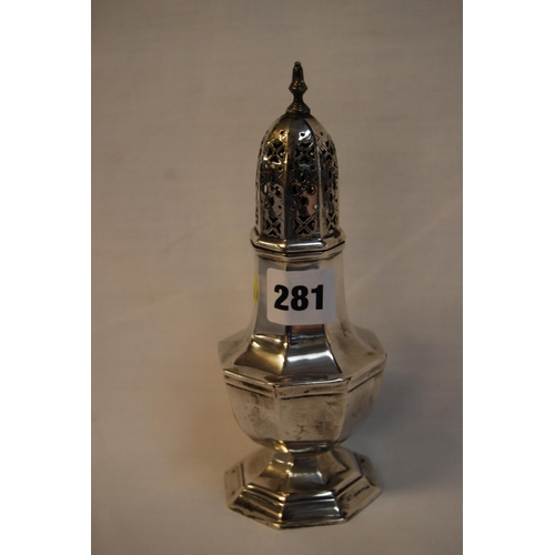 281 - OCTAGONAL BALUSTER SILVER SUGAR CASTOR, CHESTER 1926 (3.6ozs)