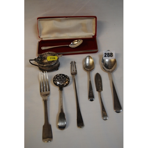 288 - SILVER DESSERT SPOON, LONDON 1813 (0.9ozs); SILVER SIFTER SPOON, LONDON 1829 (0.9ozs) AND 2 SILVER F... 