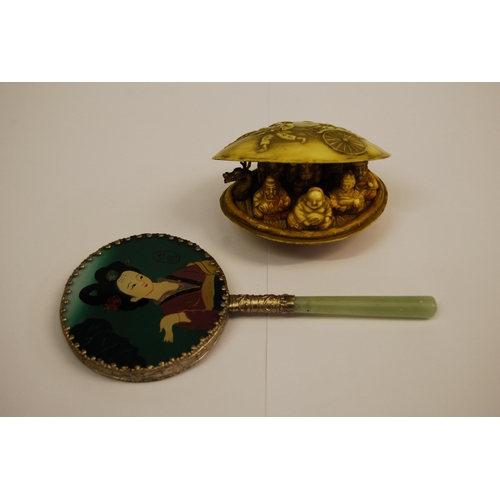 314 - CHINESE HAND MIRROR & PLASTIC SHELL HIDING GROUP OF FIGURES INSIDE