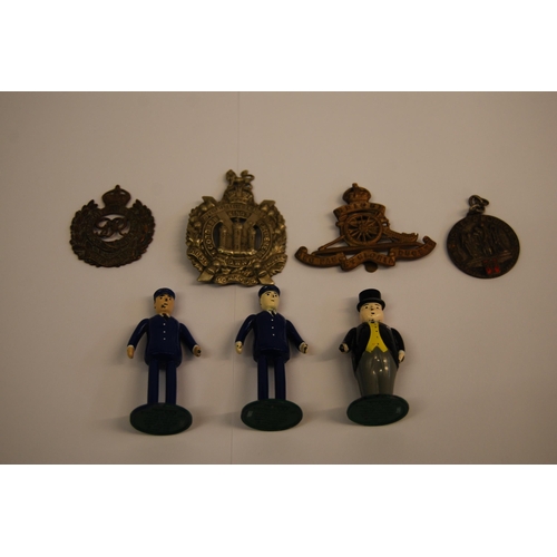 315 - 3 ARMY BADGES, CALAIS PENDANT & 3 THOMAS THE TANK ENGINE FIGURES