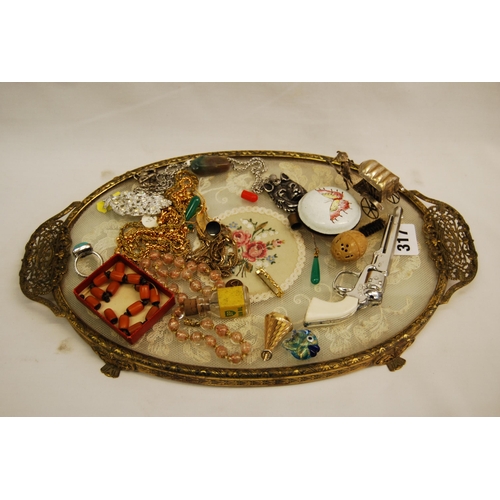 317 - RETRO OVAL DRESSING TABLE TRAY TOGETHER WITH JEWELLERY, CHINESE RICKSHAW, REPLICA PISTOL, ETC