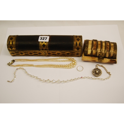 327 - HORN BOX & JEWELLERY, SCROLL BOX & PEARL NECKLACE