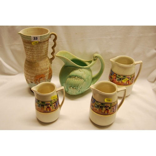 33 - SET OF 3 GIBSONS GRADUATED JUGS AND 2 OTHER JUGS