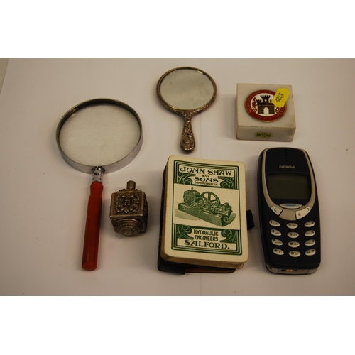 336 - CHINESE WHITE METAL SPINNING DICE, BEDFORD PAPERWEIGHT, SILVER PLATED HAND MIRROR, MAGNIFYING GLASS,... 