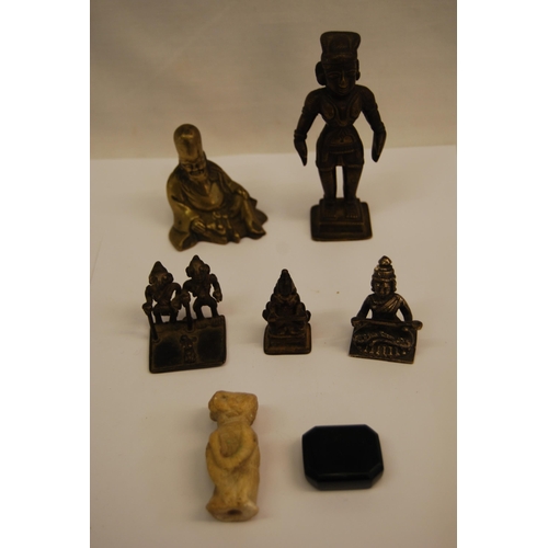 340 - 5 VARIOUS SMALL ORIENTAL BRONZE FIGURES & CARVED STONE FIGURE