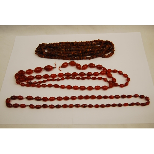 345 - 2 AMBER NECKLACES 126cm & 70cm AND AMBER CRYSTAL NECKLACE