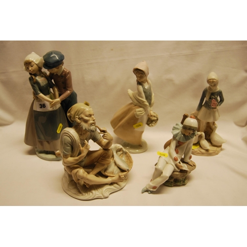 36 - LLADRO PORCELAIN GROUP OF BOY & GIRL (A/F) AND 4 OTHER SPANISH PORCELAIN FIGURES