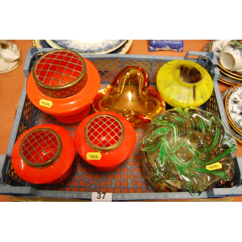 37 - 3 ORANGE GLASS VASES AND OTHER COLOURED GLASSWARE