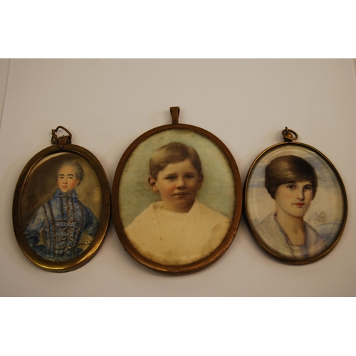 371 - OVAL MINATURE WATERCOLOUR PORTRAIT OF A LADY INITIALLED V.B. 1918, OVAL PHOTOGRAPH OF BOY WITH LOCK ... 