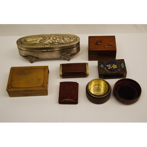 378 - 6 VARIOUS TREEN, BRASS & METAL BOXES & CLOISONNE MATCHBOX HOLDER