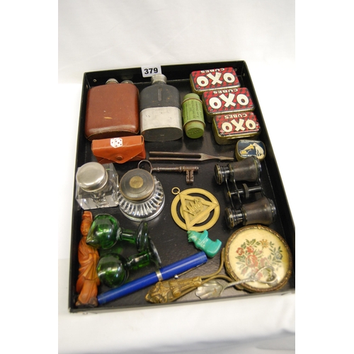 379 - PAIR OF OPERA GLASSES, 2 HIP FLASKS, 3 OXO CUBE TINS, DICE, PEN, MIRROR, 2 EYE WASH GLASSES & 2 INKW... 