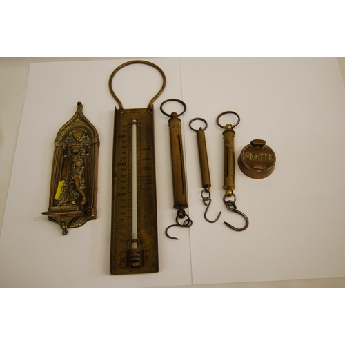 384 - BRASS SANCTUARY DOOR KNOCKER, BRASS THERMOMETER, 3 BRASS SPRING BALANCES & PRATTS BRASS PETROL CAN C... 