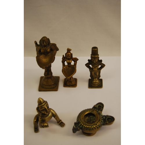 394 - 4 SMALL INDIAN BRONZE FIGURES & LAMP