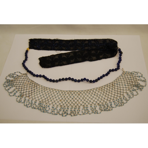 396 - EDWARDIAN BEADWORK COLLAR & BEADWORK RIBBON AND LAPIS LAZULI BEAD NECKLACE