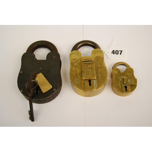 407 - VINTAGE KWALITY No 1000 BRASS PAD LOCK MADE IN ALIGARH, HOFFS & CO BRASS PADLOCK & IRON LOCK WITH KE... 