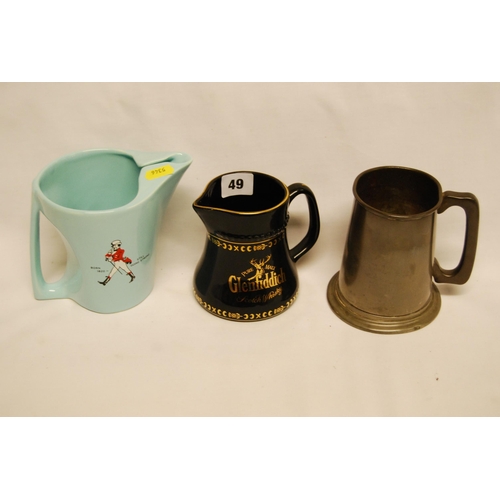 49 - GLENFIDDICH WHISKY JUG, WADE JOHNNIE WALKER JUG & PEWTER TANKARD