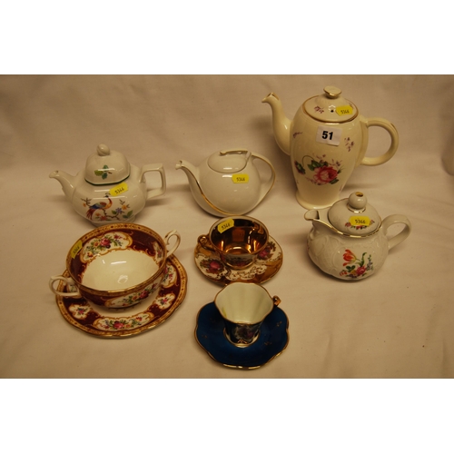 51 - GRINDLEY COFFEE POT, ROYAL ALBERT LADY HAMILTON 2 HANDLED CUP & SAUCER, 3 OTHER TEAPOTS & 2 CUPS & S... 