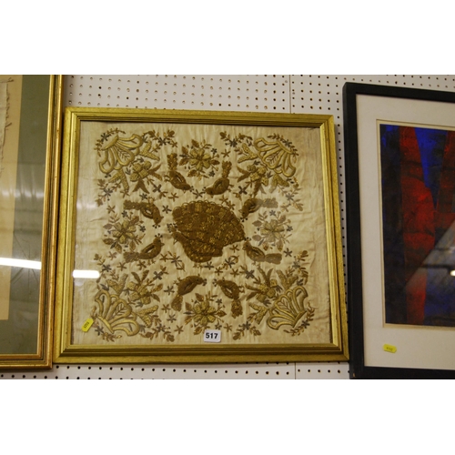 517 - 19TH CENTURY GOLD THREAD EMBROIDERY PICTURE OF BIRDS IN GILT FRAME