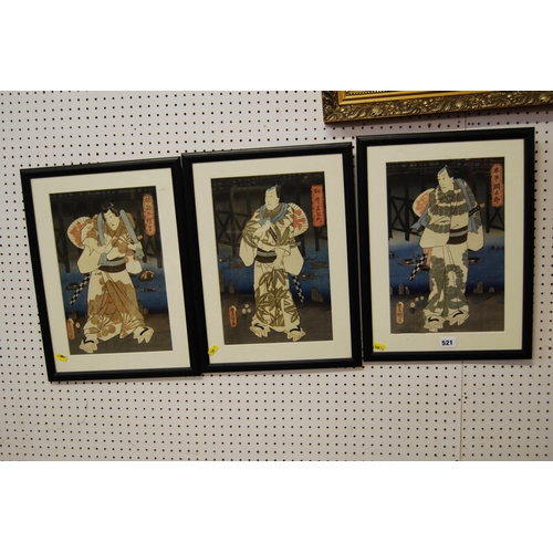 521 - 3 JAPANESE PRINTS OF SAMURAI WARRIORS IN EBONISED FRAMES