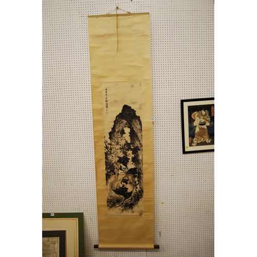 522 - LARGE JAPANESE SCROLL PICTURE OF CHICKEN IN LANDSCAPE