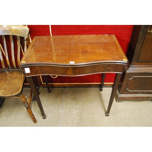 539 - REGENCY MAHOGANY SERPENTINE FRONTED FOLD TOP CARD TABLE ON SQUARE TAPER LEGS & SPADE FEET 77cm X 47c... 