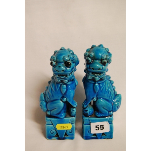 55 - PAIR OF BLUE CHINESE TEMPLE LIONS SEATED WITH BALL (16cm)