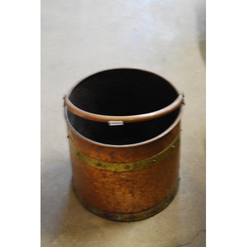 558 - 19TH CENTURY COPPER COAL BUCKET WITH RIVETED BRASS BANDS & HINGED HANDLE