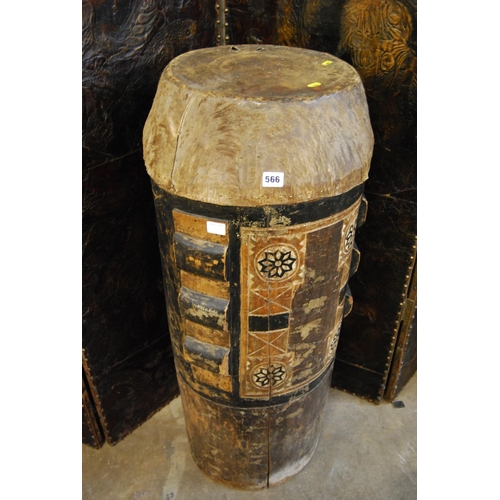 566 - FREE STANDING AFRICAN DRUM WITH HIDE TOP