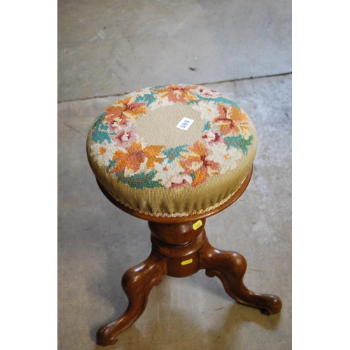 569 - VICTORIAN CIRCULAR REVOLVING PIANO STOOL ON TURNED COLUMN & TRIPOD BASE, TAPESTRY TOP