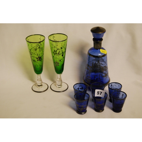 57 - VENETIAN BLUE GLASS LIQUEUR SET DECORATED SCENES OF VENICE (7 PIECES) AND PAIR OF GREEN CHAMPAGNE FL... 