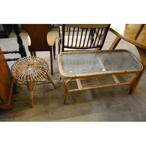 578 - RETRO CANEWORK STOOL & BAMBOO GLASS TOP COFFEE TABLE