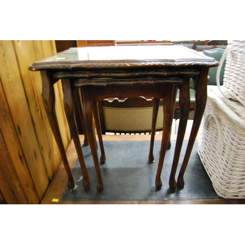 585 - REPRODUCTION NEST OF 3 TABLES WITH TOOLED LEATHER TOPS