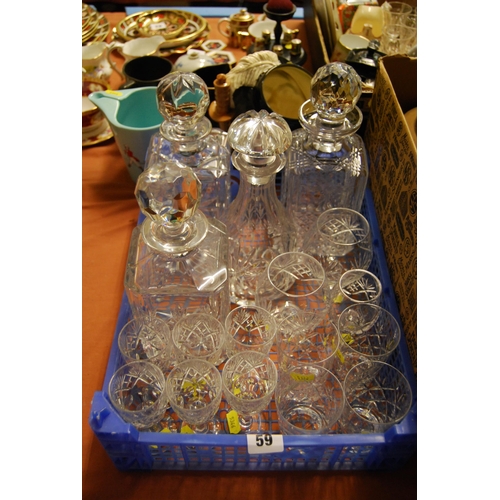 59 - 3 CUT AND ETCHED GLASS SPIRIT DECANTERS, 1 CUT GLASS PORT DECANTER, 6 SHERRY GLASSES, ETC