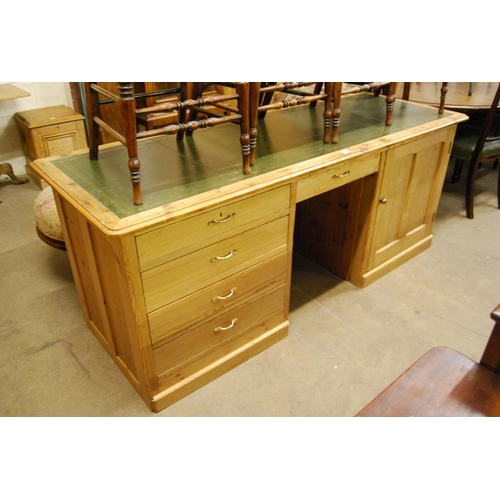 594 - LARGE PINE KNEEHOLE DESK FITTED 5 DRAWERS & 1 CUPBOARD, TOOLED LEATHER TOP 192cm X 68cm X 78cm