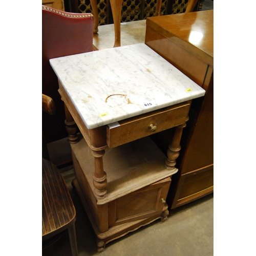 615 - FRENCH WALNUT BEDSIDE CUPBOARD WITH MARBLE TOP