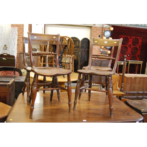 634 - SET OF 4 19TH CENTURY MAHOGANY WINDSOR ROPE BACK CHAIRS WITH ELM SEATS ON TURNED SUPPORTS & H STRETC... 