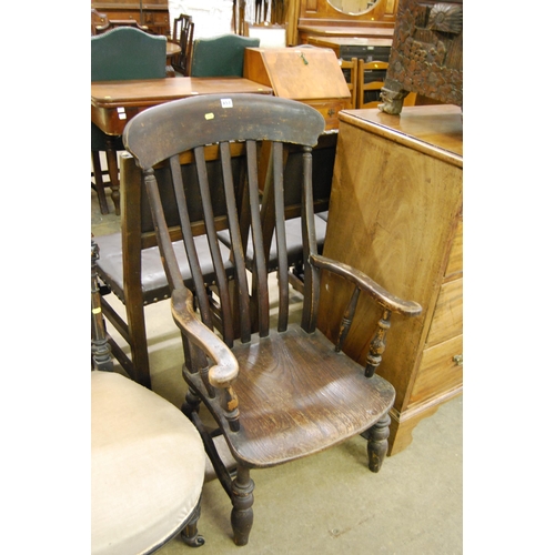 653 - 19TH CENTURY ELM WINDSOR SLAT BACK ARMCHAIR (CUT DOWN)