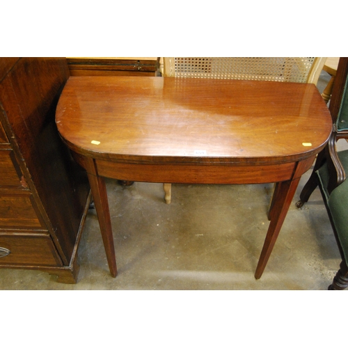 659 - REGENCY MAHOGANY BOW FRONTED FOLD TOP CARD TABLE ON SQUARE TAPER LEGS