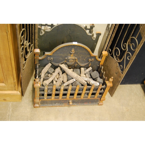 664 - CAST IRON FIRE BASKET WITH EMBOSSED URN & RIBBON BACK PLATE